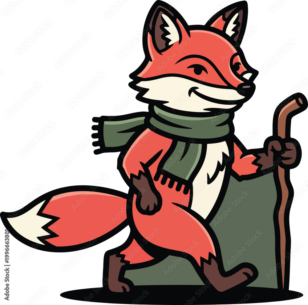 Obraz premium Cartoon fox hiker wearing a scarf and holding a walking stick.