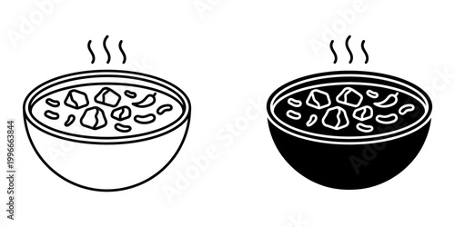 Hot steaming bowl of hearty stew with meat and vegetables in outline and silhouette design on white background vector illustration.