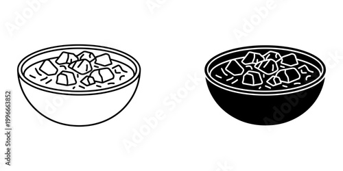 Bowl of stew with chunks of meat and vegetables isolated on white background, represented in line art and solid black silhouette styles.