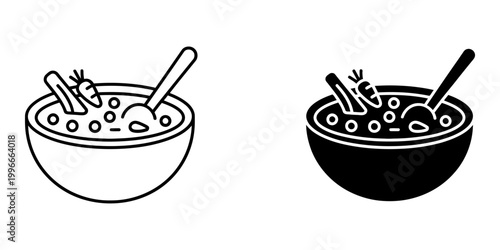 Vegetable soup bowl icons set featuring cereal with spoon and healthy salad bowl linear vector illustration isolated on white background perfect for menu design and diet food icons collection art.