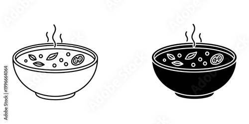 Hot soup bowl icons set with steam and vegetable garnish linear vector illustration isolated on white background for restaurant menu design and healthy eating concepts including tomato soup icons.