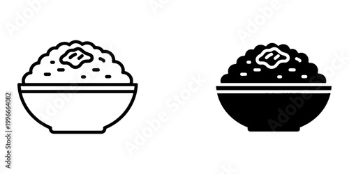 Bowl of mashed potatoes with butter topping presented in outline and solid black icon styles on a white background for design.