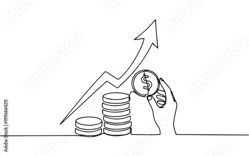 Hand placing coin into growing money stack with upward arrow