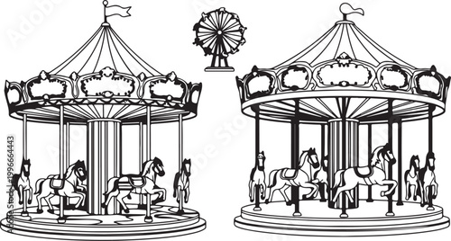 Black silhouette set of amusement park attractions, ferris wheel and roller coaster icons, carnival fair rides for summer vacation design.