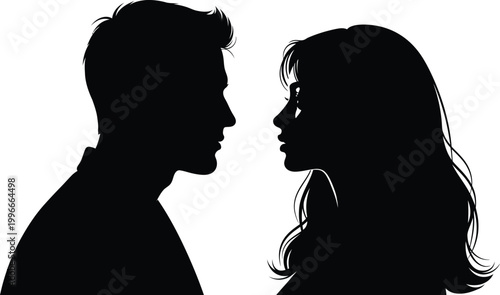 Stylized black silhouette vector illustration of a man and a woman facing each other in a loving gaze