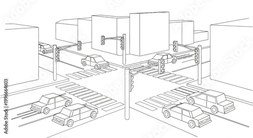 Foto City Intersection with Traffic Lights and Cars, Urban Street Scene