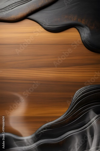 Black liquid shapes over wood texture background