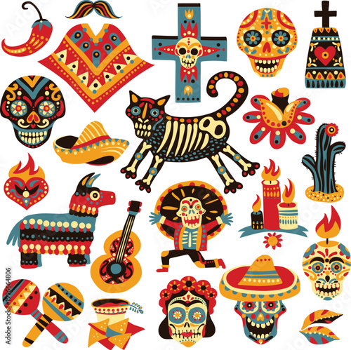 Mexican Dia de los Muertos and Fiesta Elements