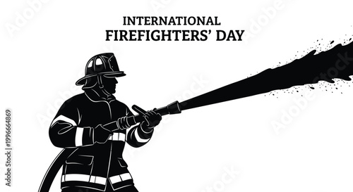 Powerful vector graphic illustration of a brave firefighter spraying water to celebrate International Firefighters' Day.