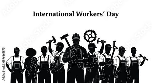 Silhouette group of industrial workers holding various heavy construction tools for a creative international workers day illustration