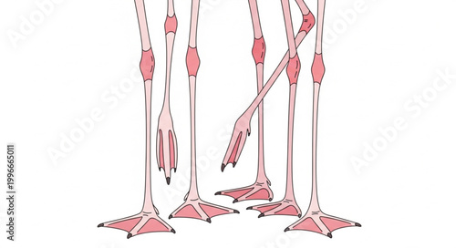 Close up of flamingo legs and feet standing on white background.