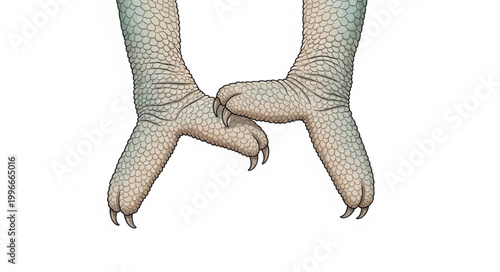 Close up of two bird feet touching on white background.
