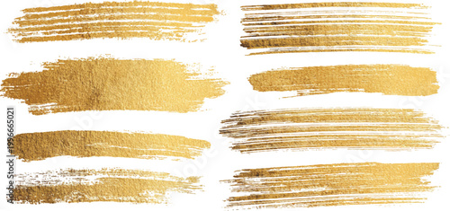 Set of luxury golden brush strokes and metallic paint smears vector illustration isolated on white background.