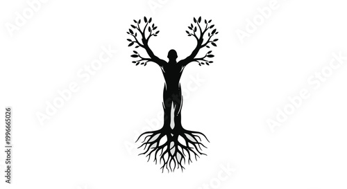Silhouette of a person with tree branches for arms and roots for legs symbolizing growth and connection to nature