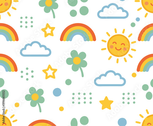 Kawaii Happy Sun and Rainbow Seamless Background