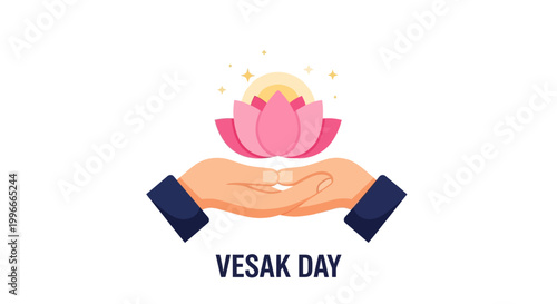 Hands holding glowing pink lotus flower for Vesak Day