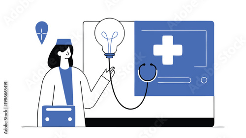 Female Doctor Providing Telemedicine Services with Digital Health Monitoring Icons and Laptop abstract concept vector illustrations, black and blue vector art