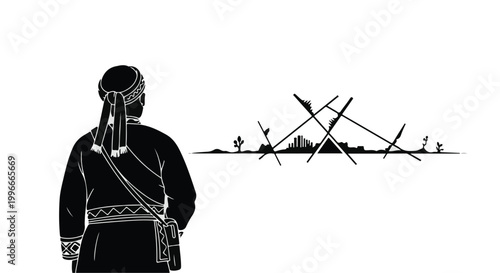 Man in traditional attire gazes at a modern abstract cityscape