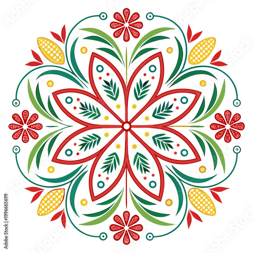 Floral mandala with corn cobs and small red flowers.
