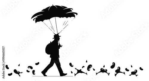 Man with umbrella parachute walks on path with falling leaves
