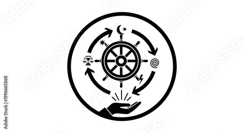 Buddhist Dharmachakra symbol with hands.
