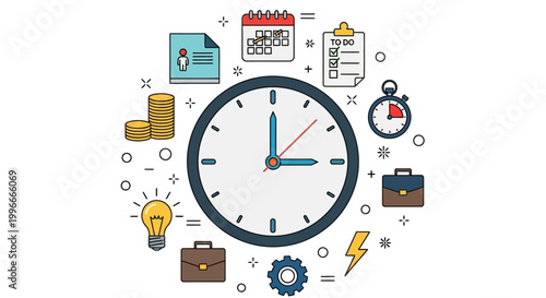 Clock with business icons around it.
