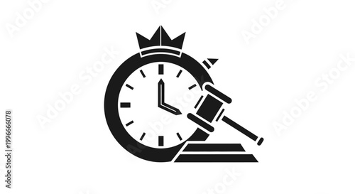 Clock with gavel and crown symbol.