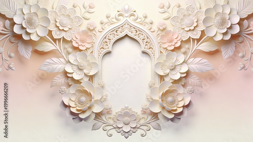  is a digital artwork featuring an intricate floral design with a symmetrical layout. The style is ornate and decorative, with a central arch-shaped frame that is empty, surrounded by an array of deta