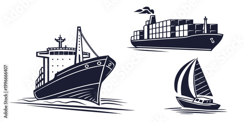 Fotografia three boats on the water including a cargo ship Vector