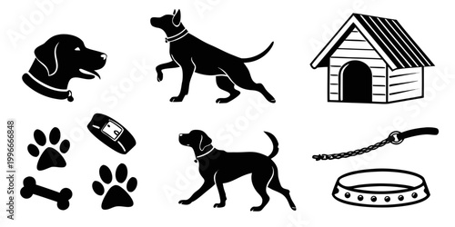 black dog icons with accessories and house Vector