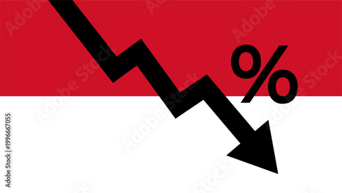 Red decrease arrow business financial with Indonesia flag background. Economy crisis recession concept.	
