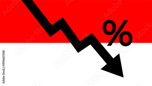 Decrease percentage arrow with Indonesia flag background. Economy crisis recession concept.	
