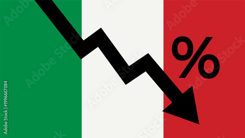 Decrease down arrow business financial with Italy flag background. Economy crisis recession concept.	
