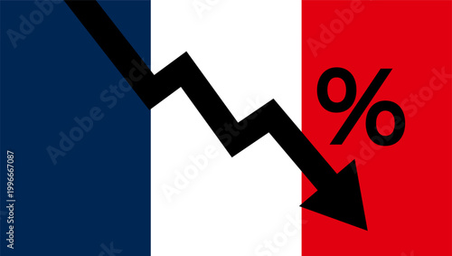 Decrease arrow business financial with France flag background. Economy crisis recession concept.	
