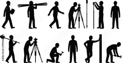 Construction Workers and Land Surveyors Silhouette Set with Theodolite Tripod Tools Professional Engineers Architects and Laborers Building Infrastructure Vector Illustration