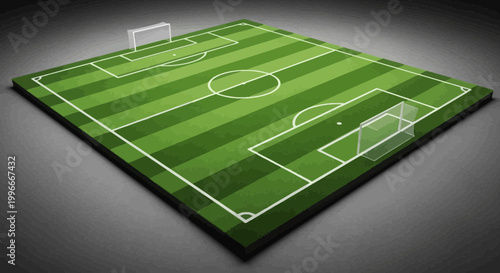 Isometric soccer field illustration with green grass texture white lines goals and geometric details for sport design and game concepts