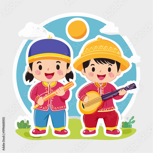 Children in Traditional Asian Attire Playing Music