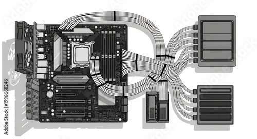 Computer Motherboard and Components Connected by Cables.