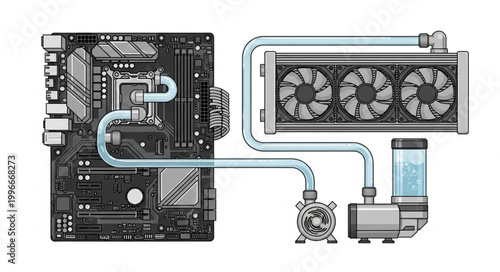 Computer Motherboard with Custom Liquid Cooling System Diagram.