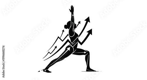 Silhouette of a woman in a yoga pose with upward trending arrows symbolizing growth and progress