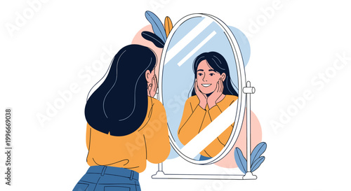 Beautiful woman looking at her reflection in an oval mirror with a happy smile while touching her face and enjoying a moment of self care.