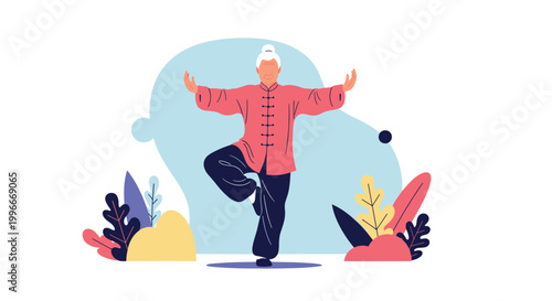 Elderly woman practicing tai chi or qigong exercises in a peaceful natural environment with abstract colorful plants in the background.