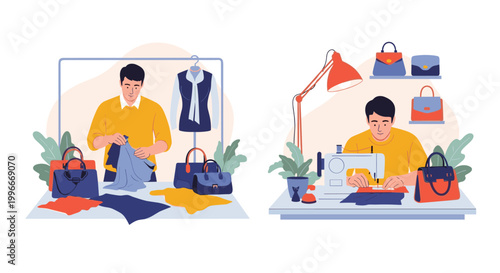 Professional male tailor or fashion designer working in his studio sewing a handbag and organizing garments for a new collection.