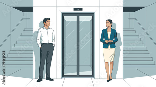 Business man and woman in formal attire standing by elevator and 2 staircases in office