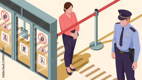 Airport security guard monitoring entrance with 3 scanning gates and passenger