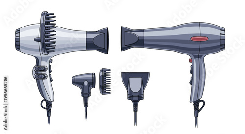 Collection of professional hair dryers and various nozzle attachments used for hair styling and drying in a salon or at home.