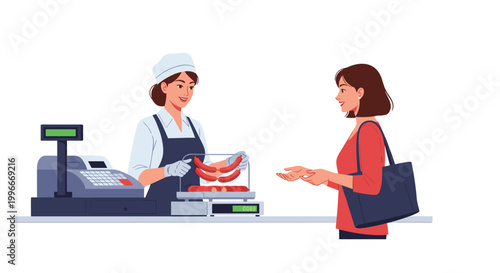 Friendly female butcher weighing fresh sausages on a scale for a customer at a modern supermarket meat counter or local shop.