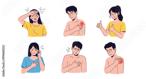 Set of illustrations showing men and women experiencing various medical symptoms like headache, chest pain, and feeling feverish.