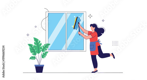 Young woman wearing a red dress and an apron while cleaning a large window with a squeegee and soapy water in a bright room.