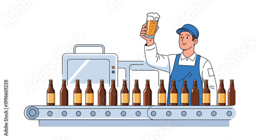 Happy brewery worker wearing an apron and a cap while inspecting a fresh glass of beer next to bottles on a moving conveyor belt.